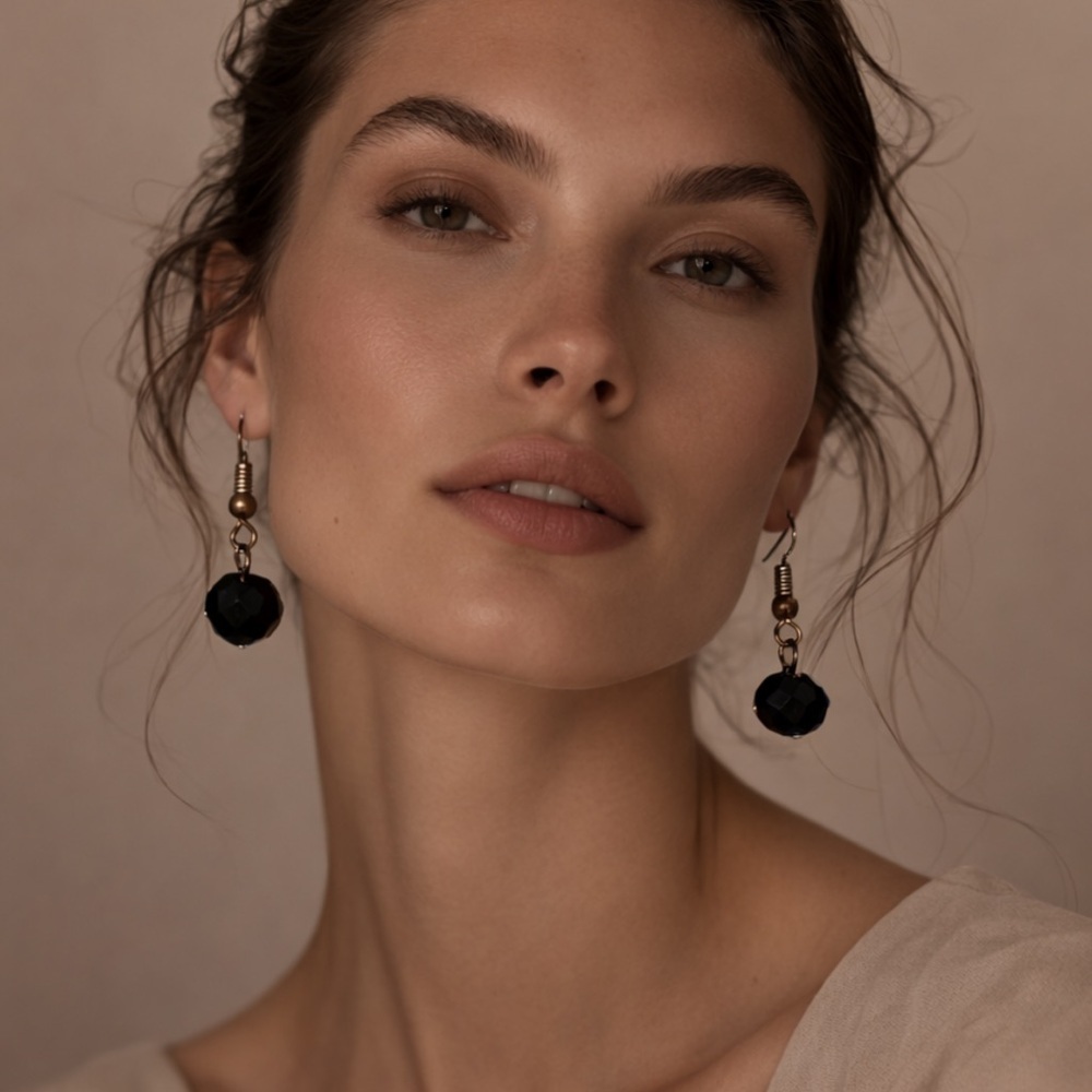 Ashley Collection Black Faceted Bead Drop Earrings Gold Tone Hooks